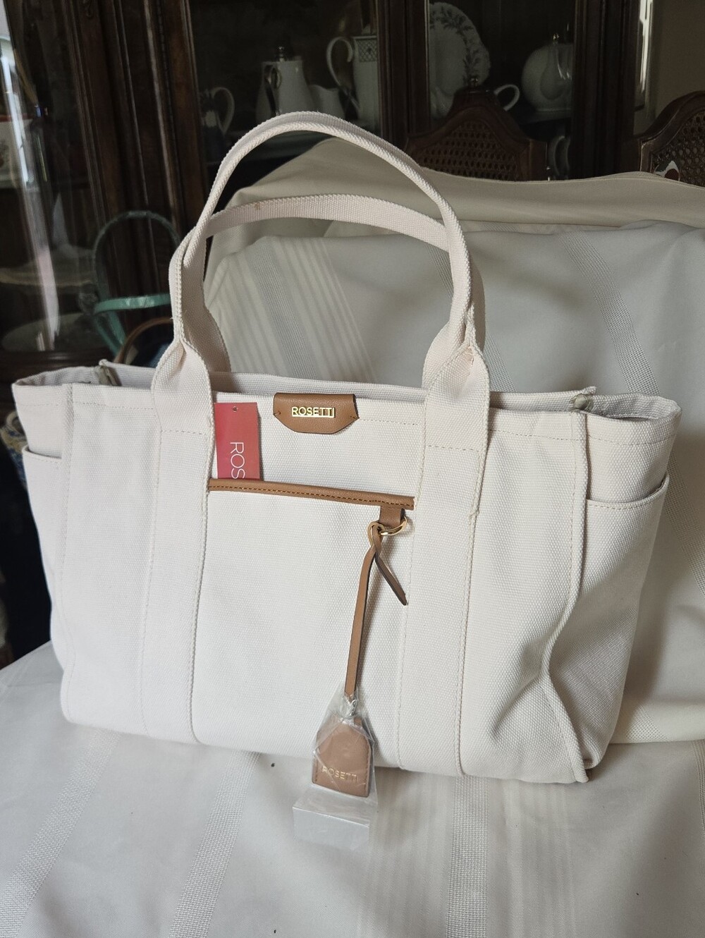 NWT Rosetti Cream Cotton Canvas Tote with Tan Trim
